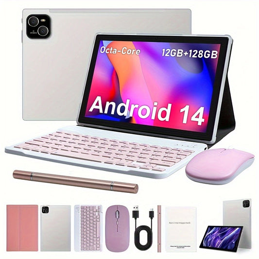 10.1-inch Android tablet with 14 OS, 2-in-1 design with keyboard, mouse, case, and stylus. 128GB ROM, 12GB RAM, dual camera, 1280 * 800 IPS HD display, GMS certified.