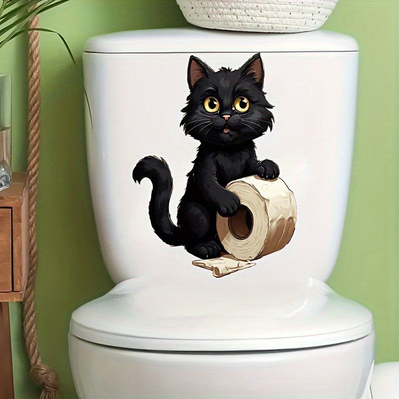 1pc Cute Black Cat Toilet Paper Sticker for Home Bathroom, Easy-to-Apply, Self-Adhesive, Disposable Decor for Restroom.