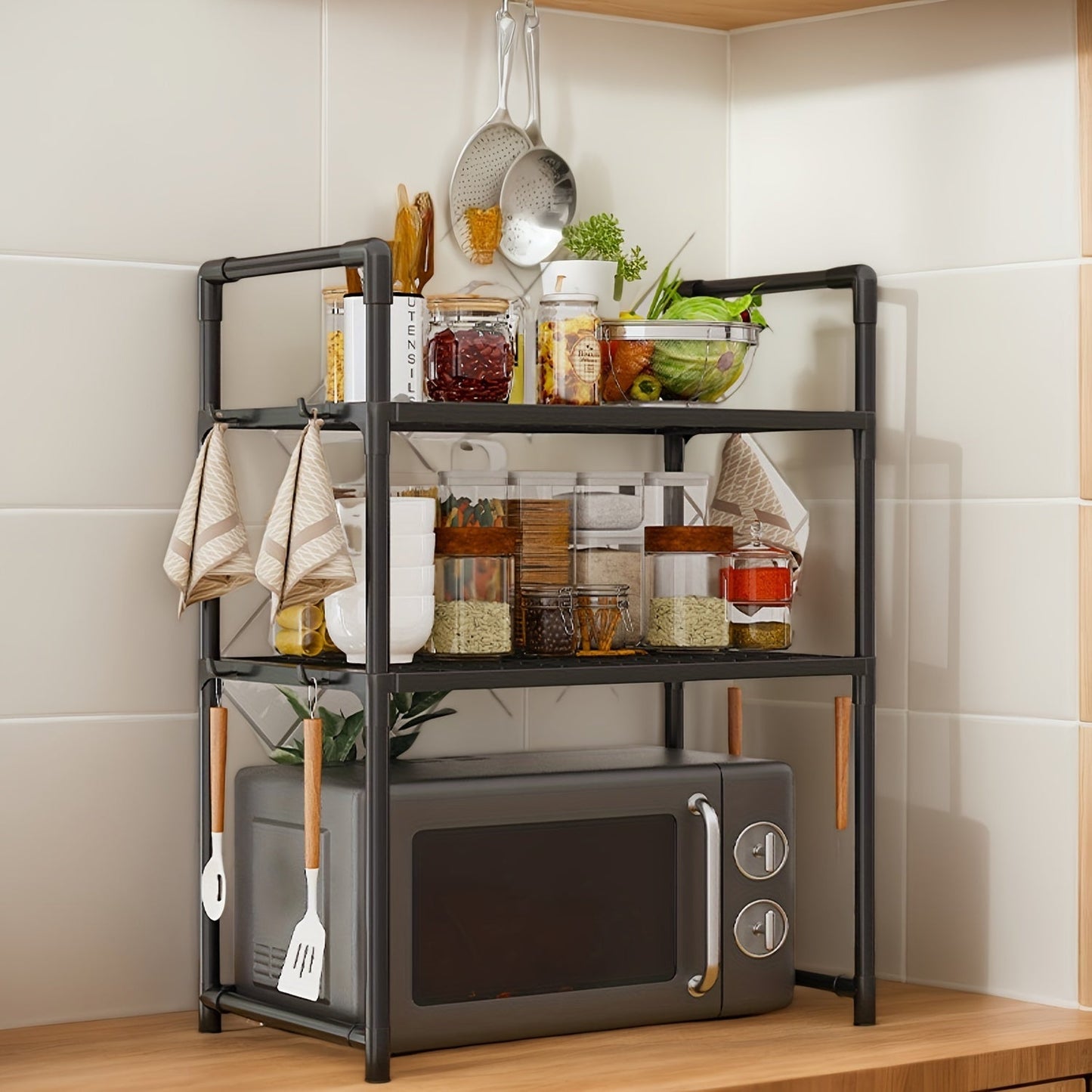 Thickened Metal Kitchen Storage Rack with Handles- Ideal for Home Use, Open-Storage Spice Organizer Shelf for Microwave & Toaster, Sturdy & Durable Design, No Electricity Required