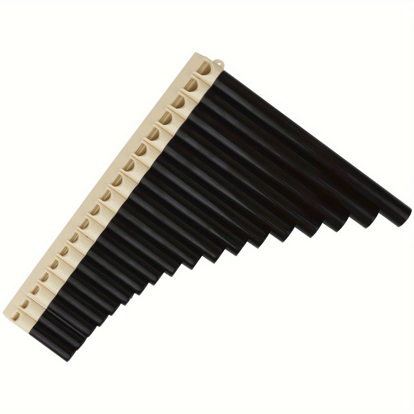 Black ABS pan flute with 18 tubes, classic style, includes carrying bag. Easy to play, portable, comfortable grip, smooth mouthpiece. Ideal for performance, teaching, and practice.