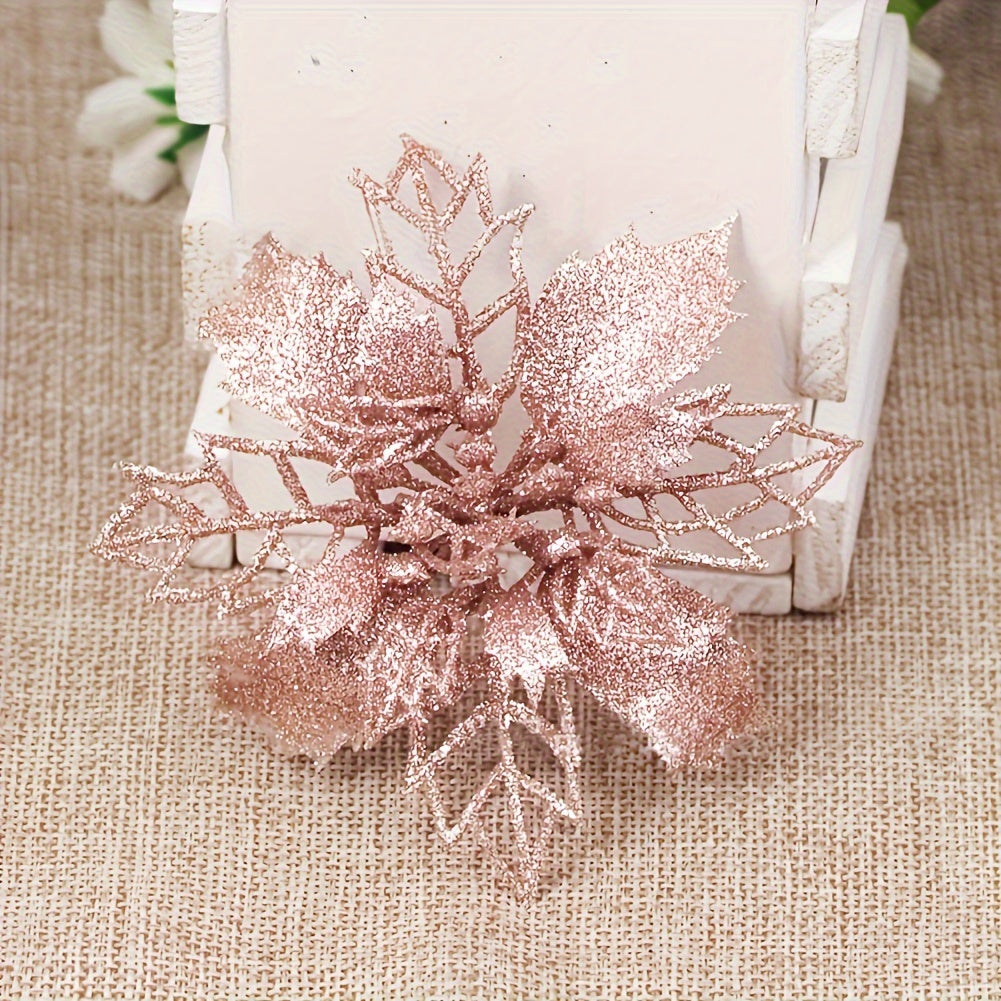 10 artificial Christmas flowers, 9cm/3.54in, glitter tree ornaments made of polyester and plastic. Suitable for home, kitchen, parties, and First Communion. No power required, festive holiday decoration.