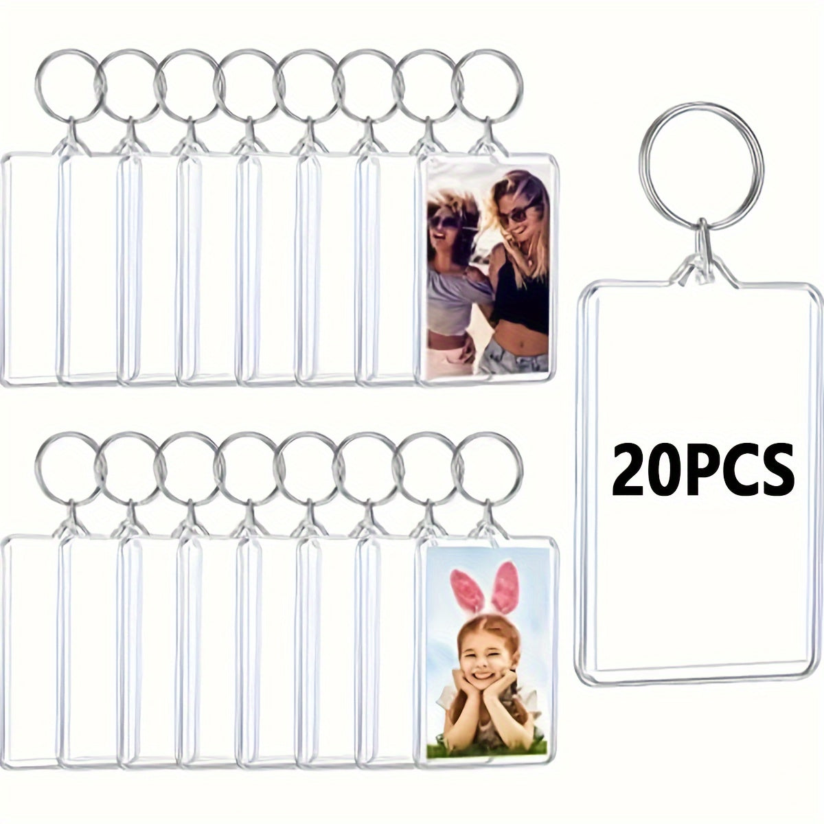 Set of 20 Acrylic Photo Frame Keychains - Includes Dual-Sided Rectangular Picture Holder, DIY Charm Pendant for Bags & Backpacks, Large Head Sticker, and Photo Insert