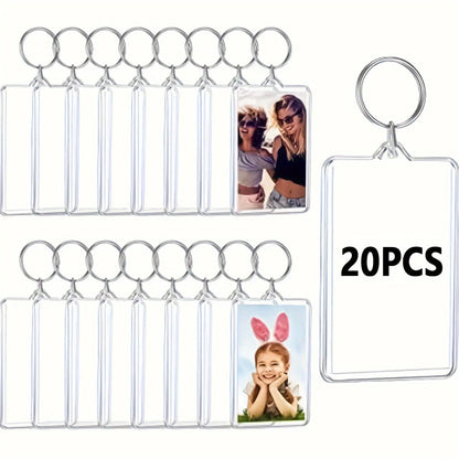 Set of 20 Acrylic Photo Frame Keychains - Includes Dual-Sided Rectangular Picture Holder, DIY Charm Pendant for Bags & Backpacks, Large Head Sticker, and Photo Insert