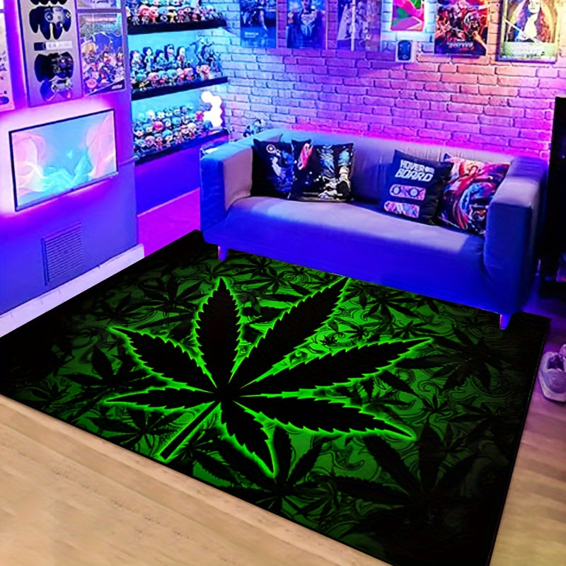 Illuminate your space with Black Background Fluorescent Marijuana Leaves this Halloween with our 1000g/m² Thick Felt Rug. Available in various sizes (15x23/19x31/31x47/39x59/47x63/63x78inches), this machine washable polyester rug is suitable for both