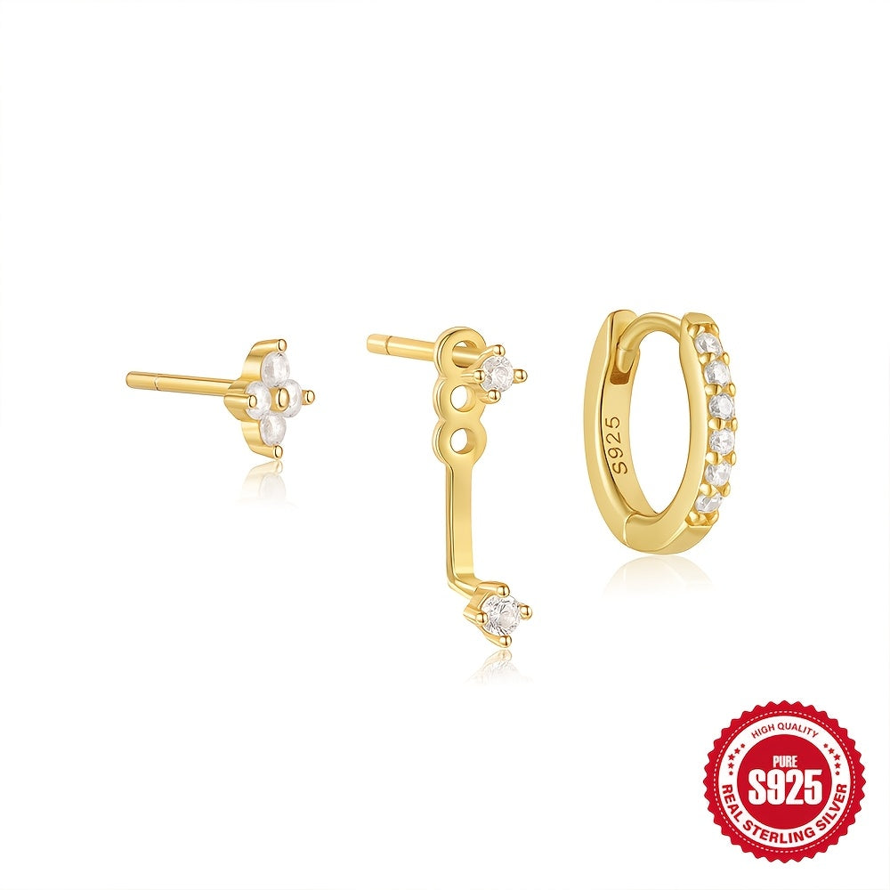 Set of three 925 sterling silver stud earrings with hip hop western style, featuring synthetic zirconia stones and representing the April birthstone. Perfect for Mardi Gras day theme and suitable for all-season wear, these earrings are ideal for banquet