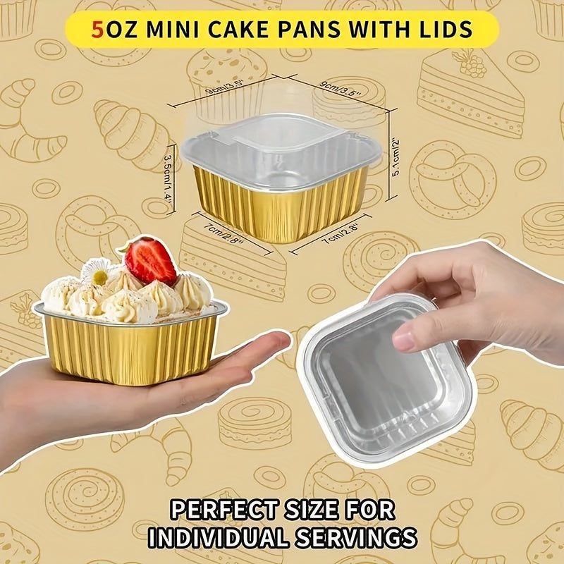 50-Pack of Eoonfirst 5oz Square Aluminum Foil Baking Cups with Lids - Ideal for Cupcakes, Muffins, Desserts, Pies, and Pudding. Durable and Metallic, these Food Service Disposable Cups are Lead-Free and Suitable for Celebrating Christmas, Halloween