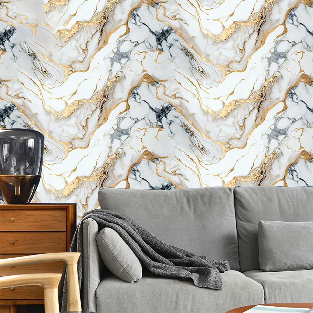 1 roll of waterproof and oil resistant marble patterned aluminum film self-adhesive wallpaper for decorating walls in living rooms, kitchens, and bathrooms.