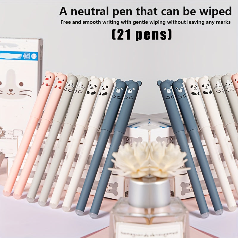 21-piece set of erasable bear animal gel pens with 0.35mm black and blue gel pen refills. Perfect for office supplies.