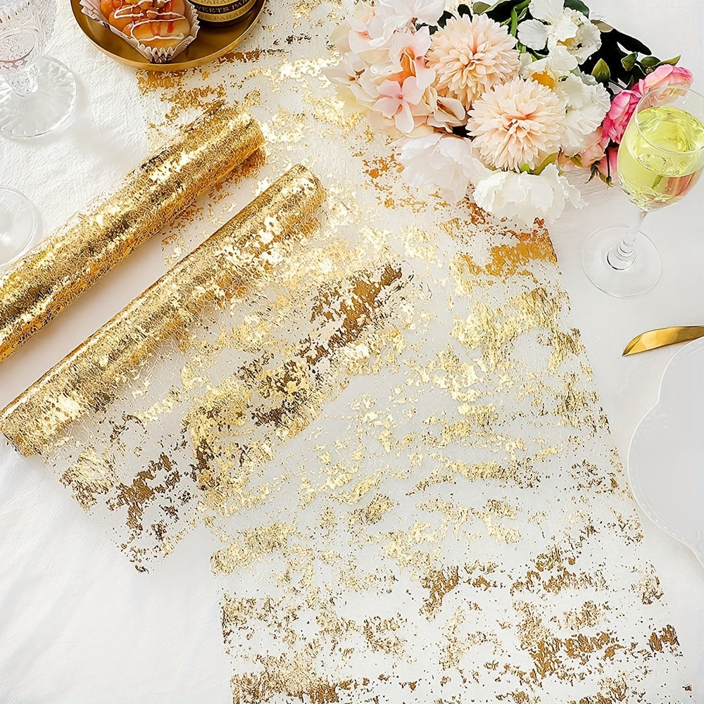 Golden foil linen table runner for special occasions like weddings, birthdays, banquets, and Christmas gifts.