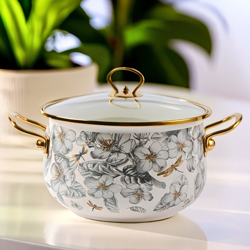 Enamel Soup Pot with Golden Trim - Featuring Dragonfly & Floral Design, Ideal for Home Cooking and Intimate Dinners