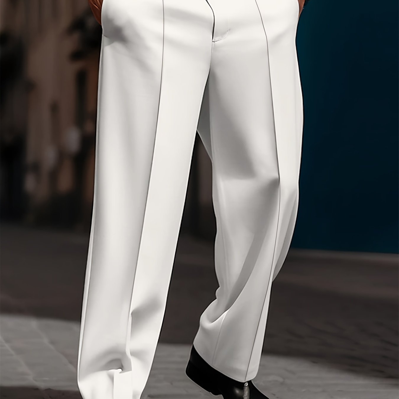 Men's Classic Relaxed Fit White Trousers - Versatile Four-Season Loose Style, Polyester, Pockets.