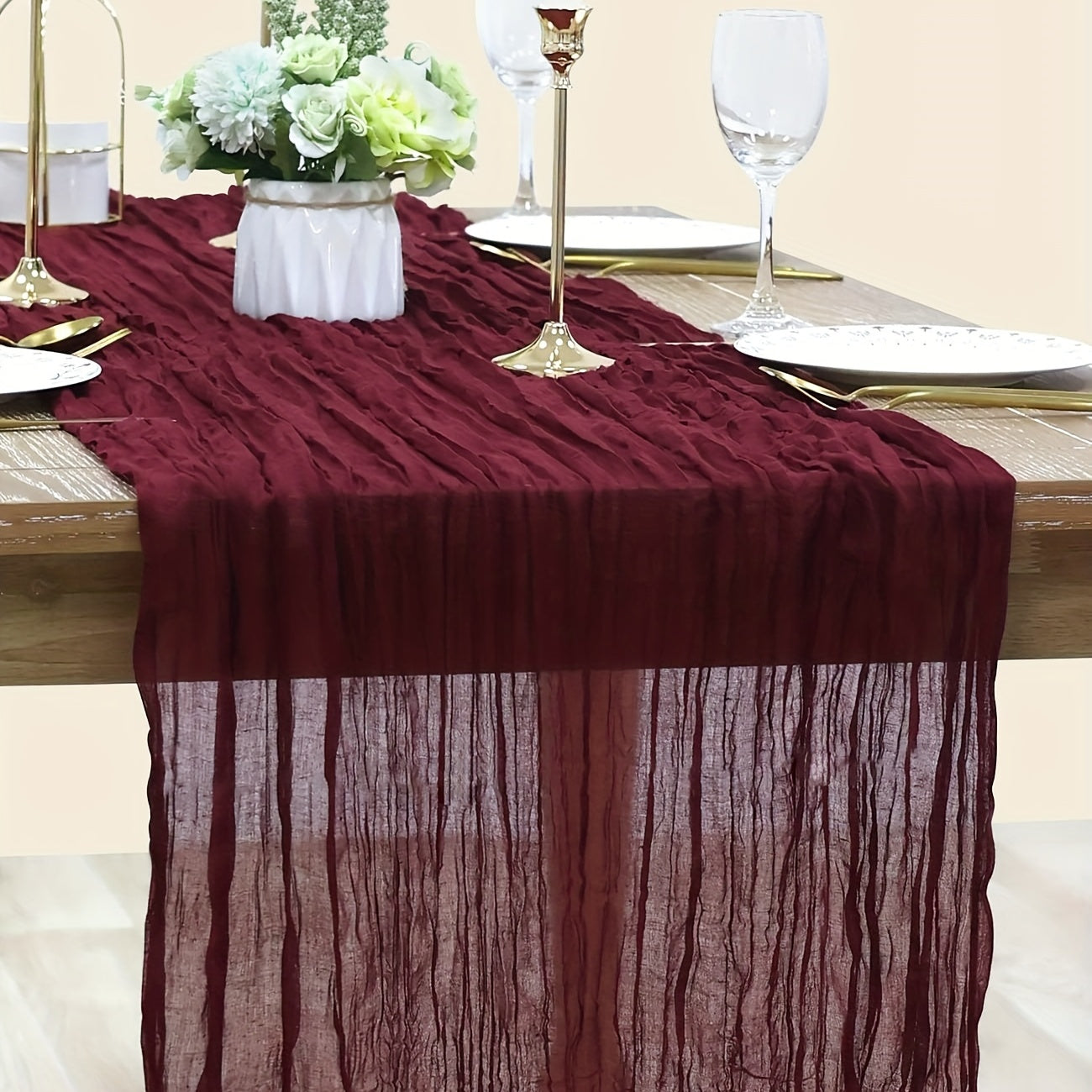 Cheesecloth table runner in burgundy with bohemian country style, ideal for weddings and bridal showers, perfect for Easter and summer table decor.