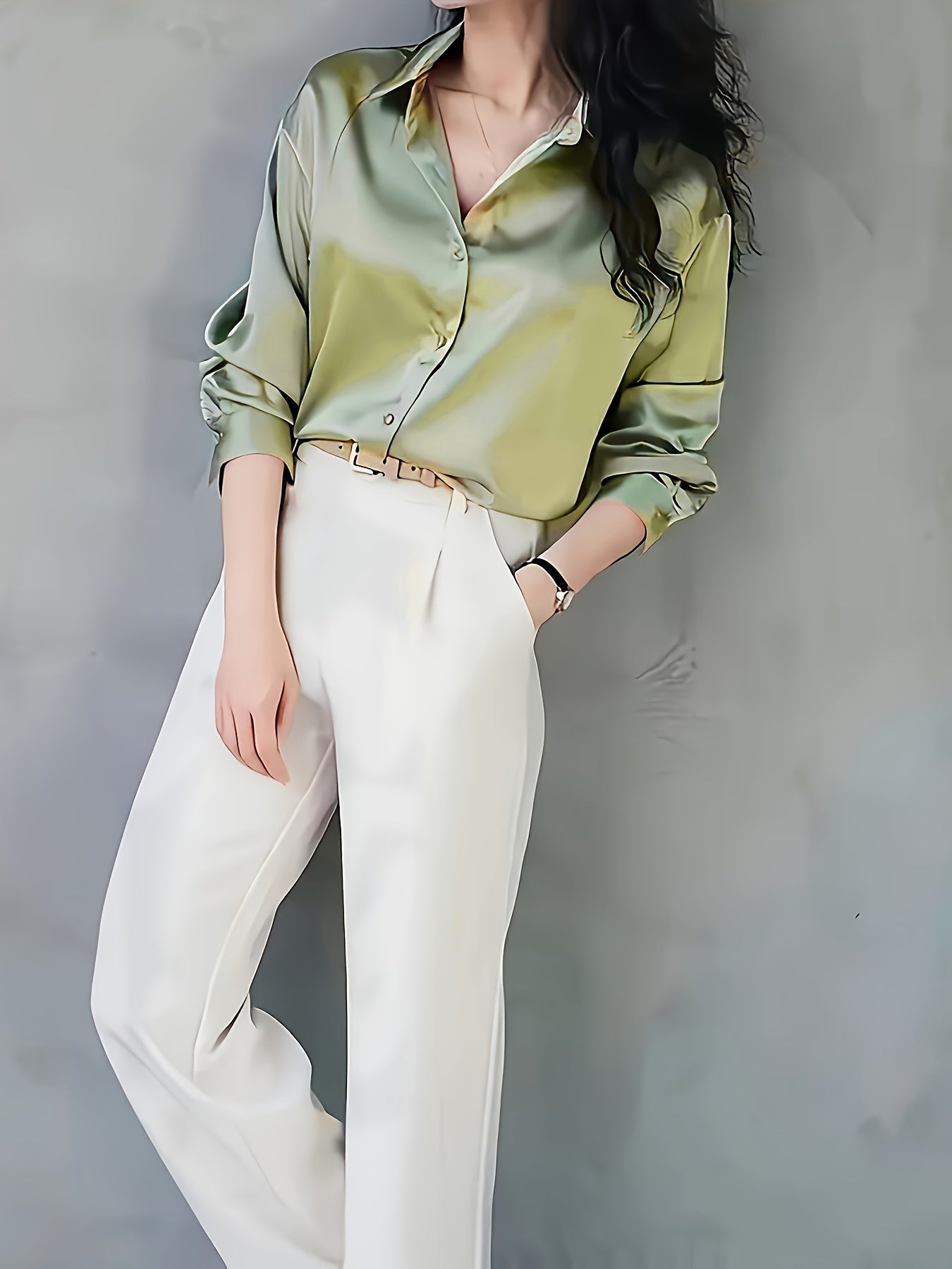 Women's Solid Color Button Front Shirt, Casual Long Sleeve Blouse perfect for Spring and Fall styling.