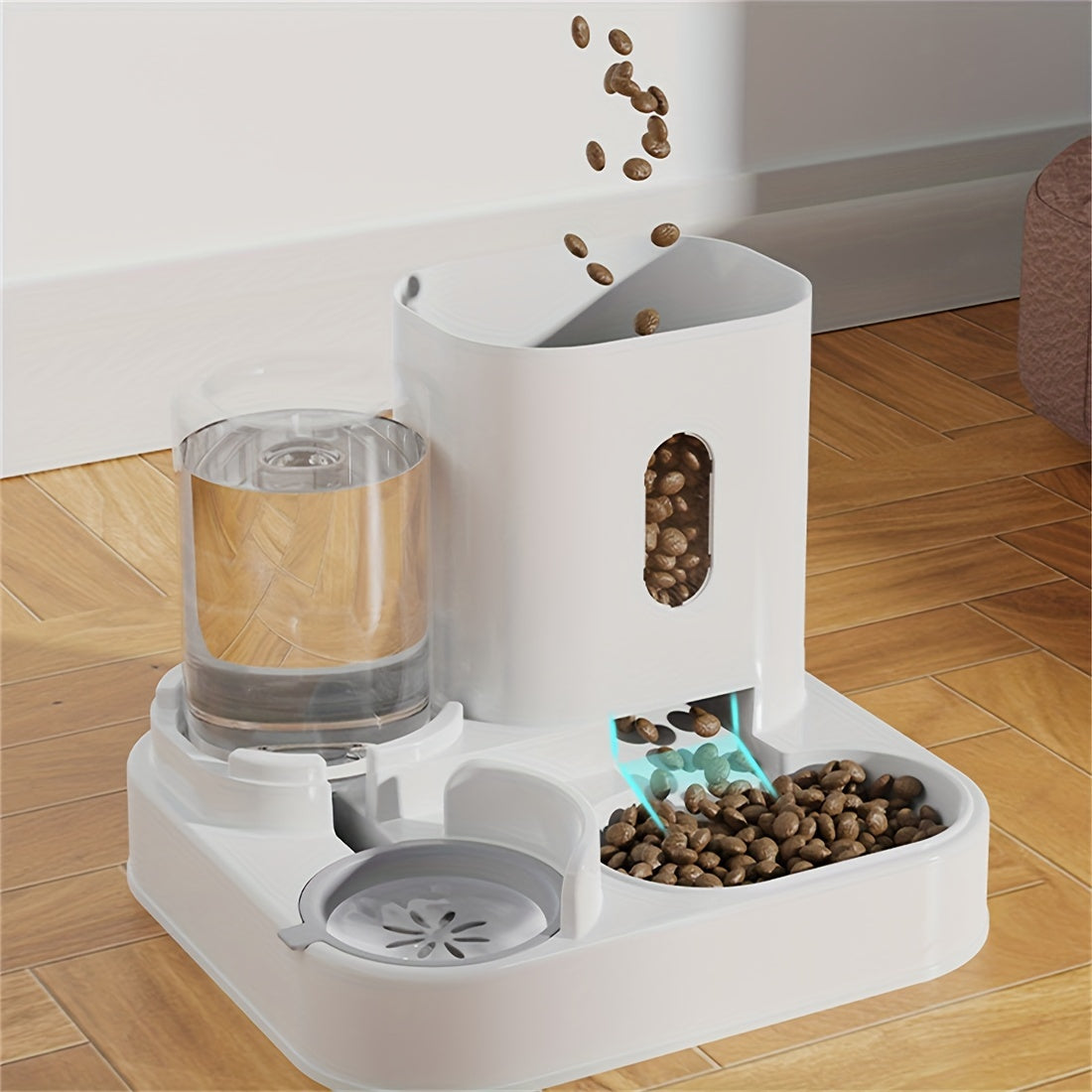 Dual bowl ergonomic cat feeder and water dispenser set made of plastic for cats, featuring automatic food and water feeding for neck-friendly use.