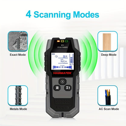 HANMATEK SF2 5-in-1 Handheld Wall Detector detects metal, wood, AC wires and offers electronic measuring. LED/Number display, safe drilling, precise positioning, battery-powered (battery