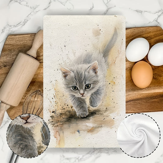 Two Ultra Soft Kitchen Towels Featuring a Cute Gray Kitten Design, Exceptionally Absorbent & Fast-Drying Dish Hand Towels, Easy to Clean in the Washing Machine, Stylish Contemporary Watercolor Art, 40.64x60.96 cm - Ideal for Enhancing Home Decor and