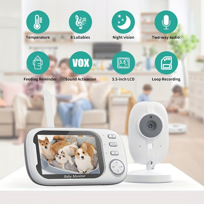 Video monitor with camera, audio, infrared night vision, temperature monitoring, lullabies, for indoor safety of elderly and pets.