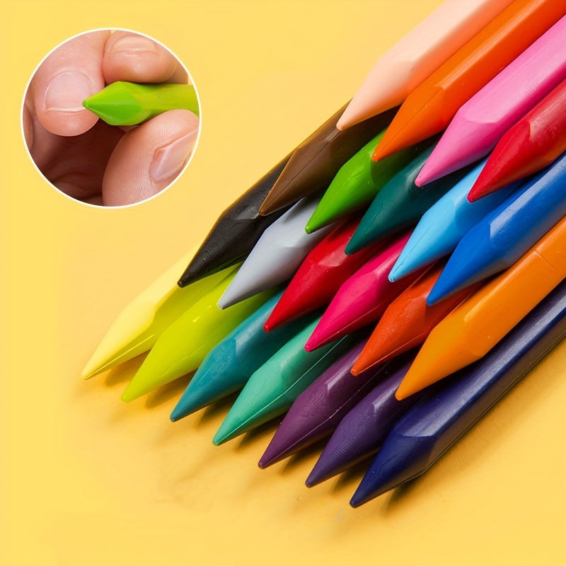 Washable triangular crayons in 6/12/18/24 vibrant colors with ergonomic grip for youngsters. Non-staining.