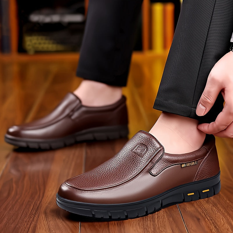 Men's slip-on business casual shoes made with head layer leather, PU lining, rubber sole, and fabric insole.