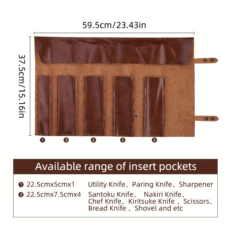 Chef Knife Roll Up Bag made of 1 piece Genuine Leather, perfect for storing chef tools. This portable and folding knife bag is durable and ideal for travel, camping, and kitchen organization. Carry your chef knives in style with this perfect kitchen tool