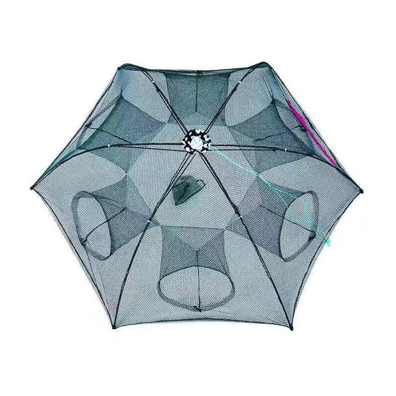 Foldable hexagonal fishing net with 1pc and 4/6/8/10 holes for catching minnow, crayfish, and crabs effortlessly.