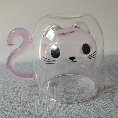 Double-walled glass coffee mug with cat design - reusable cup for hot and cold drinks - ideal gift for birthdays or holidays.