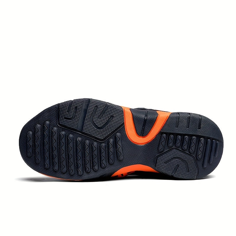 Breathable lightweight boys' sandals with hook-and-loop closure, rubber sole, toe strap, and vibrant blue & orange striped pattern. Great for active youngsters.