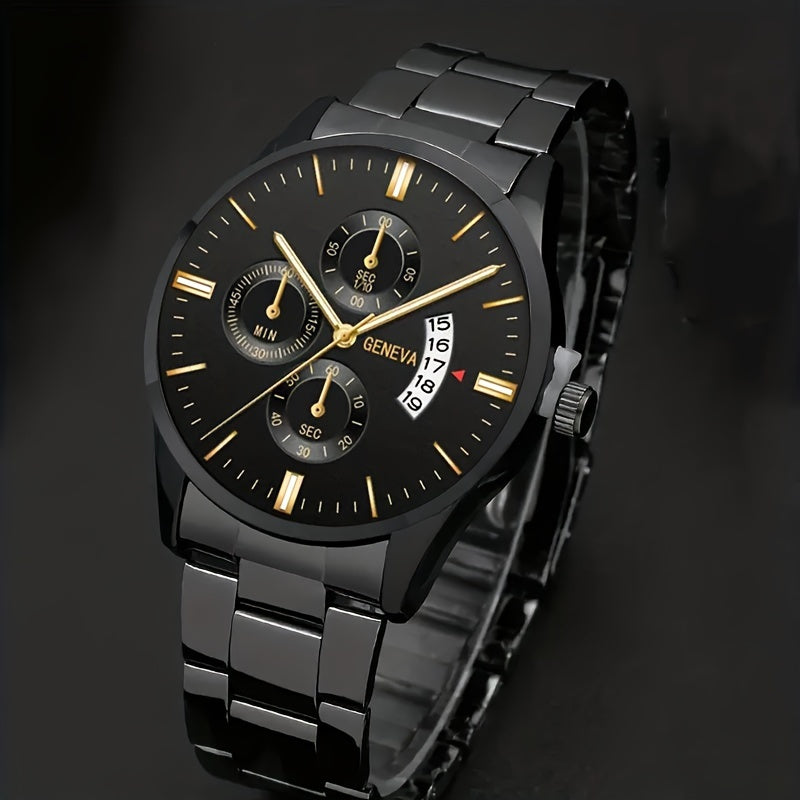 Casual Style Matching Bracelet Set Elegant Men's Stainless Steel Quartz Watch with Calendar Feature