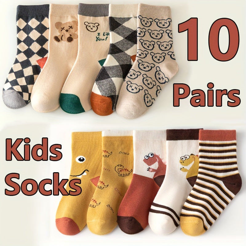 10 pairs of boys' trendy cartoon animal striped and plaid pattern crew socks, breathable and comfy for all seasons wearing.