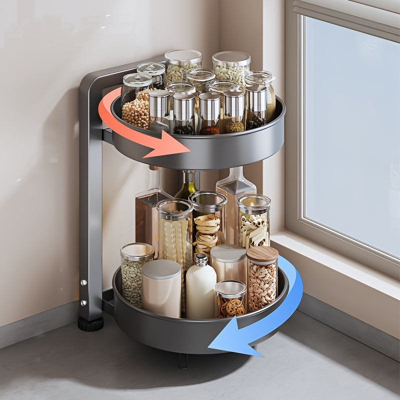 Rotating Kitchen Storage Rack for Seasonings and Condiments - Metal Organizer with Two Tiers and Powder-Coated Finish - Ideal for Jars and Sundries