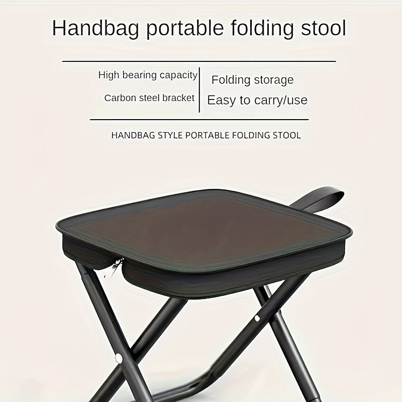 Compact portable folding stool for outdoor activities, easy to set up and adult-sized.