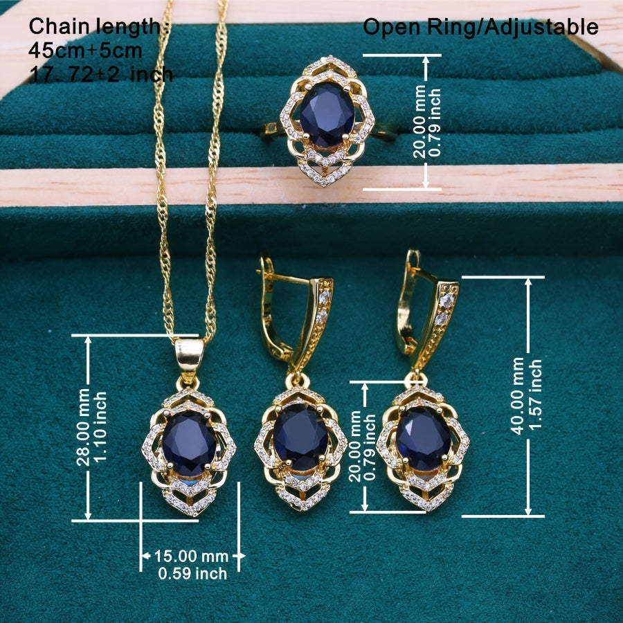 Vintage vacation style jewelry set in 18K gold plated design featuring a beautiful blue gemstone. This set includes a copper mosaic necklace, earrings, ring, and pendant, making it perfect for women to wear at parties, as gifts, or during Christmas. This