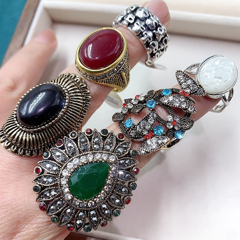 Set of 10 Vintage Exaggerated Synthetic Turquoise Alloy Rings in Luxury Ethnic Style. Each pair features heart-shaped design with synthetic stone and alloy material. No power required. Perfect for parties, weddings, Valentine's Day, and everyday wear.