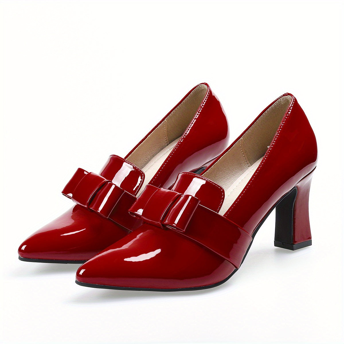 Women's elegant solid color pumps with bowknot design, block heel and waterproof features.