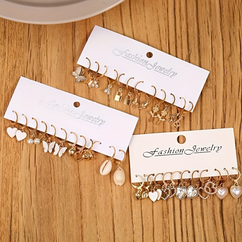 Multi-purpose set of earrings with elegant and simple designs including hearts, butterflies, flowers, and mushrooms, made of zinc alloy with stainless steel posts, suitable for everyday