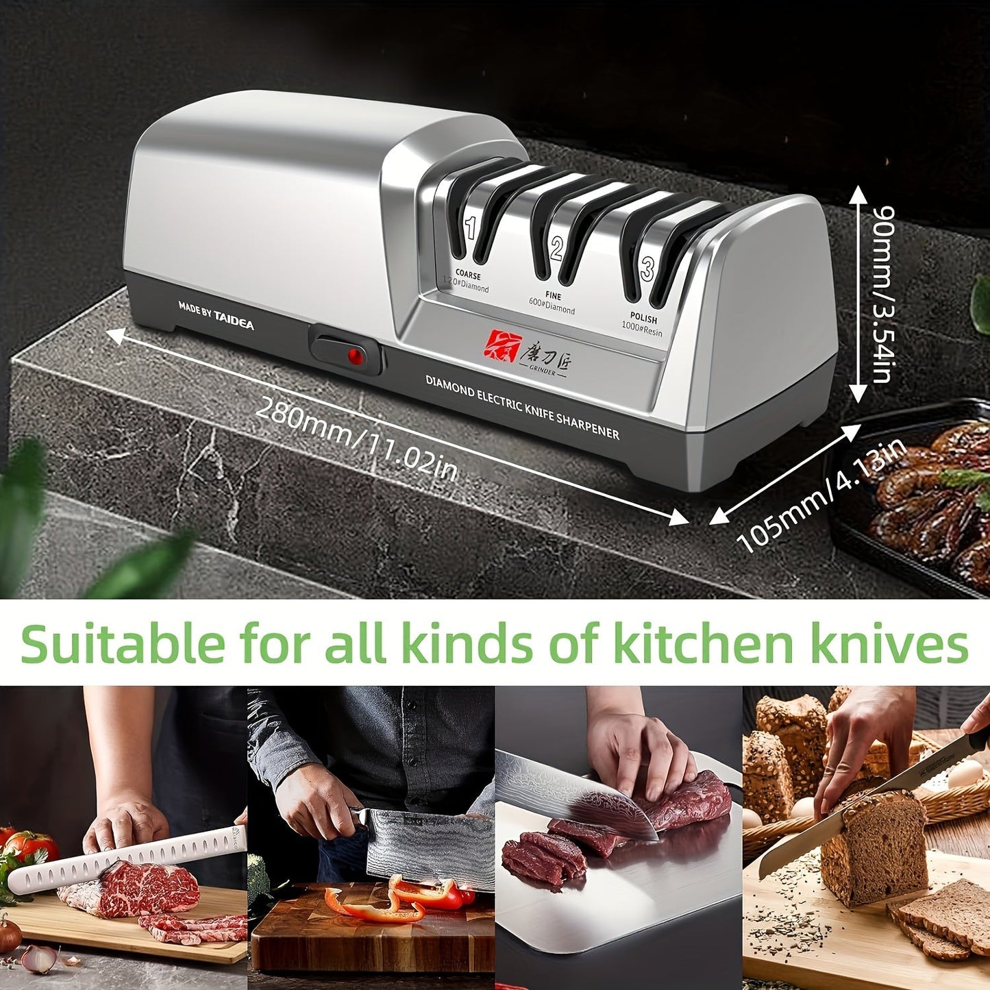 The GRINDER Professional Electric Knife Sharpener is equipped with a 3-Stage Diamond & Ceramic Sharpening System and Precision Angle Guide for use in both kitchens and restaurants. This plug-in sharpener features a fine grit for optimal results and is