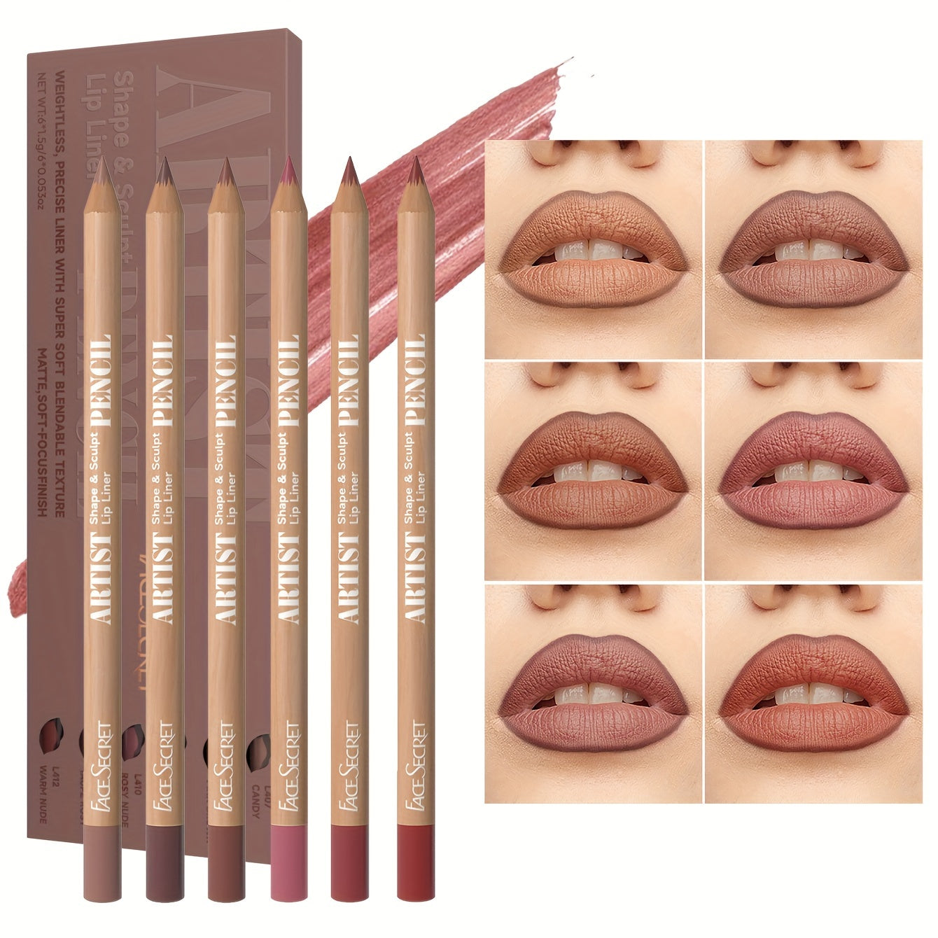 6-piece set of nude lip liners, with waterproof matte finish, long-lasting color, and easy application for daily makeup.