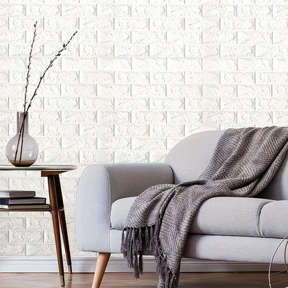 1 self-adhesive 3D foam wallpaper roll with retro brick pattern that is waterproof and oilproof, suitable for DIY furniture refurbishment in living rooms, kitchens, and bedrooms.