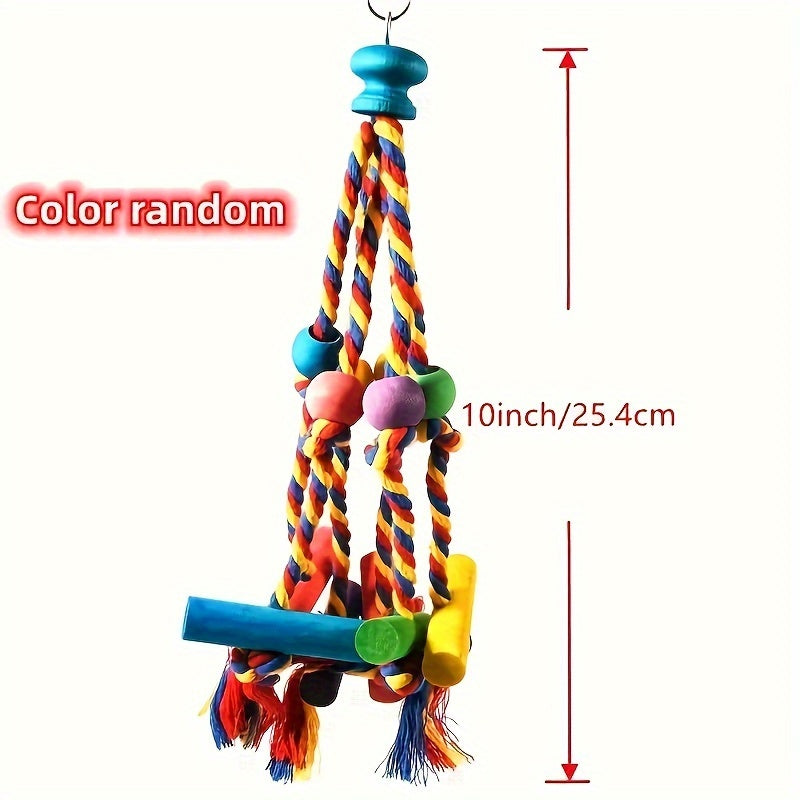 Colorful wooden swing toy with bell for small birds such as budgies, conures, lovebirds, and finches.