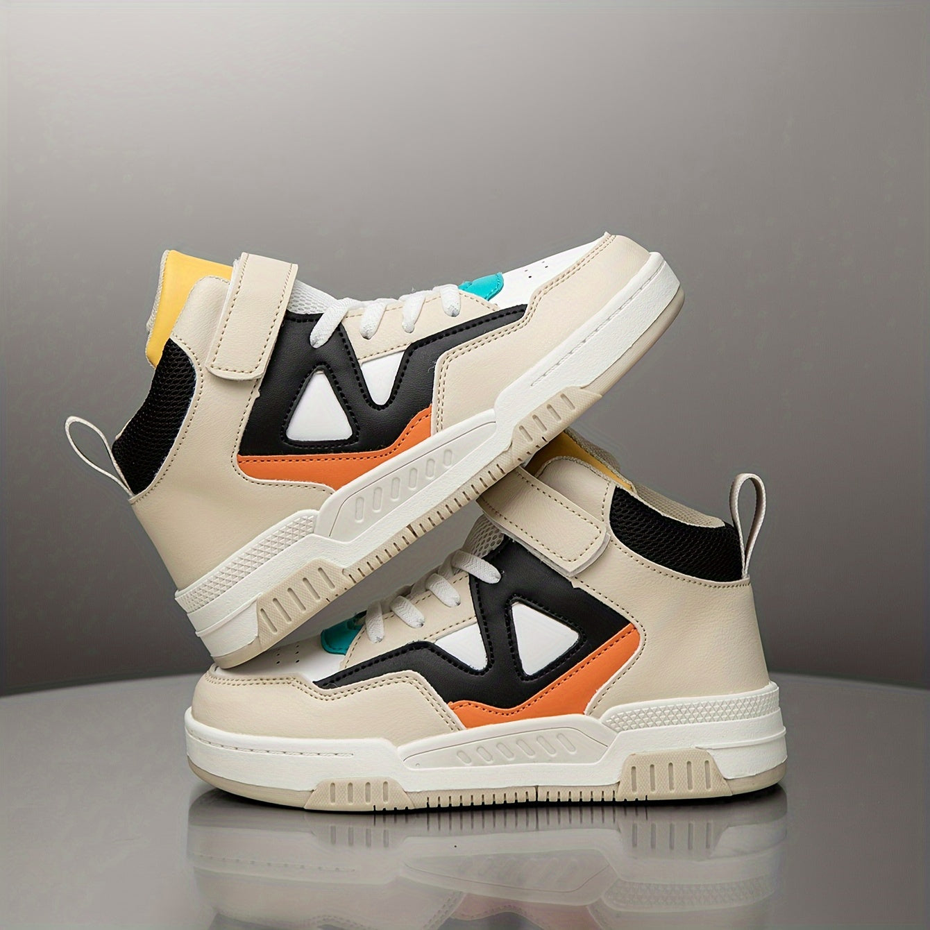 Kids' high-top sneakers with hook-and-loop closure, breathable and comfortable for all-season wear, featuring a trendy geometric print.