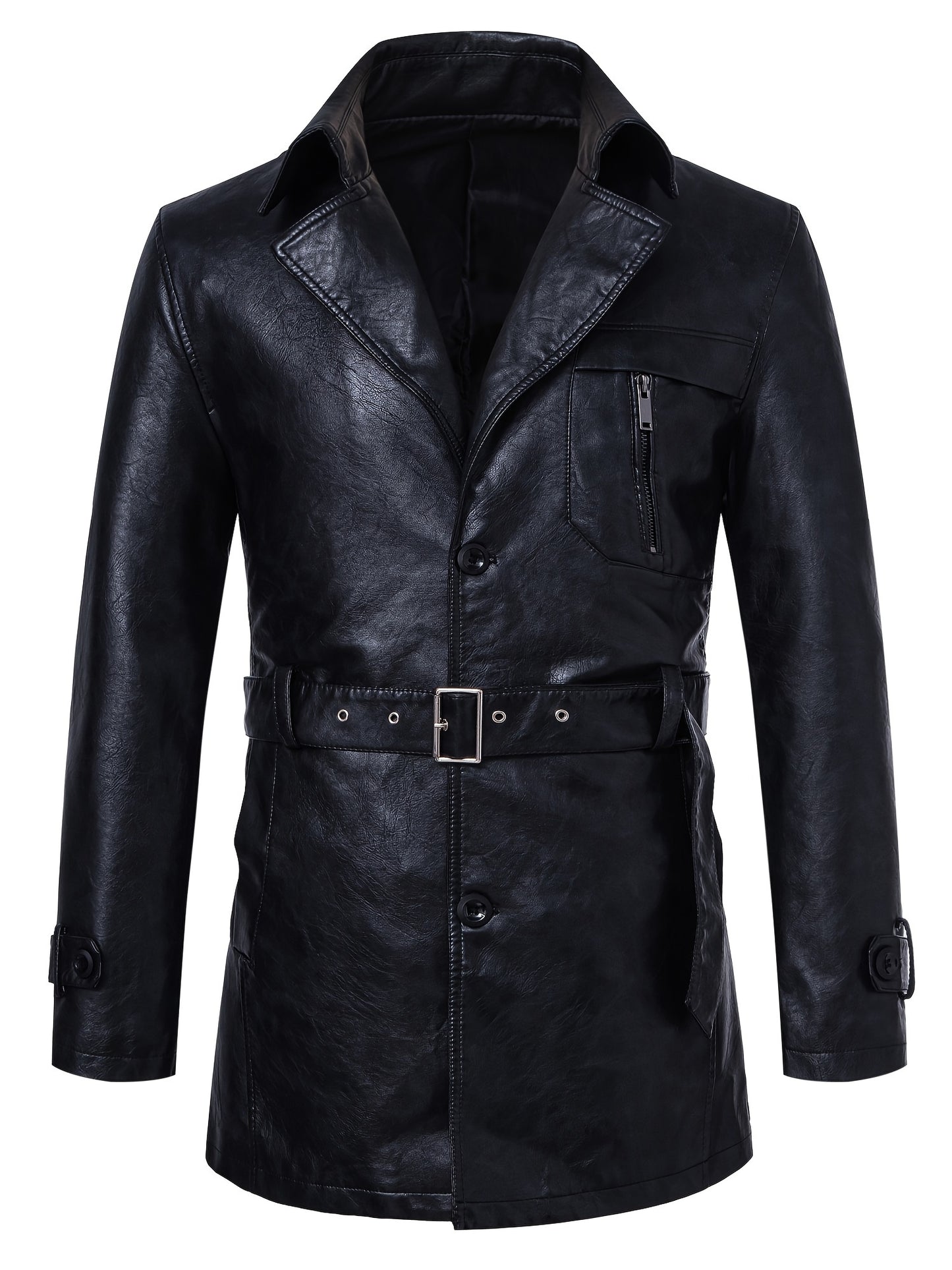 Solid PU Leather Waist Belt Windbreaker Jacket for Men