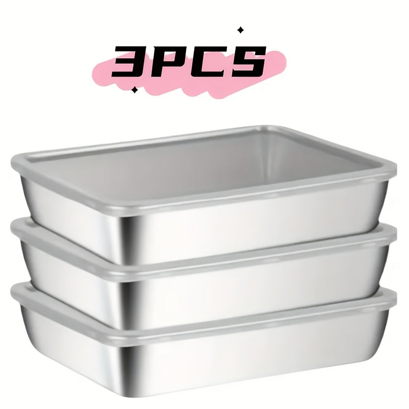 Set of 3 durable stainless steel food storage containers, leak-proof, BPA-free, microwave & freezer safe, shatterproof, multipurpose flip top rectangular kitchen organizers.