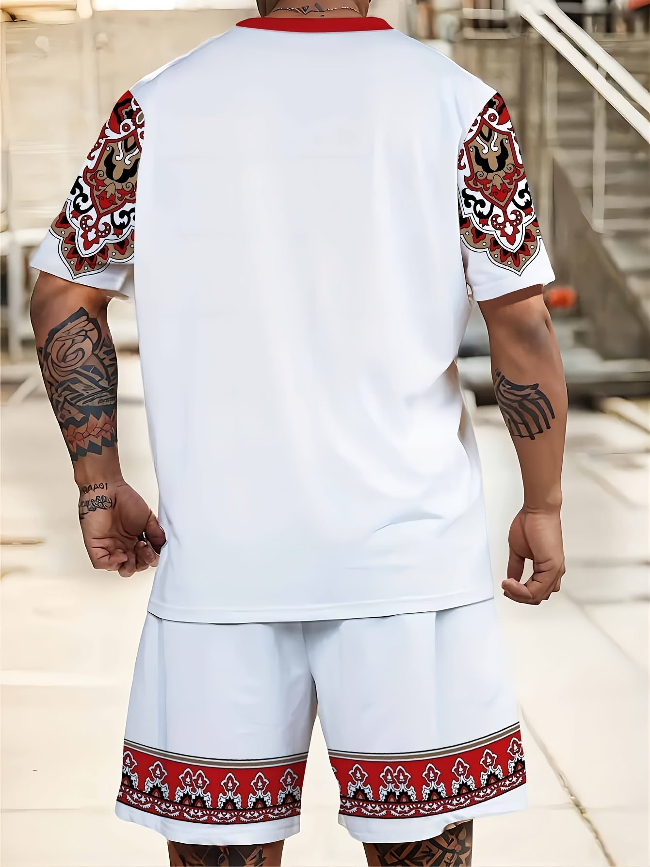 Men's Plus Size Ethnic Print T-Shirt & Shorts Set - Casual/Sporty, Machine Washable Polyester Blend Outfit with Round Neck and Knee-Length Shorts