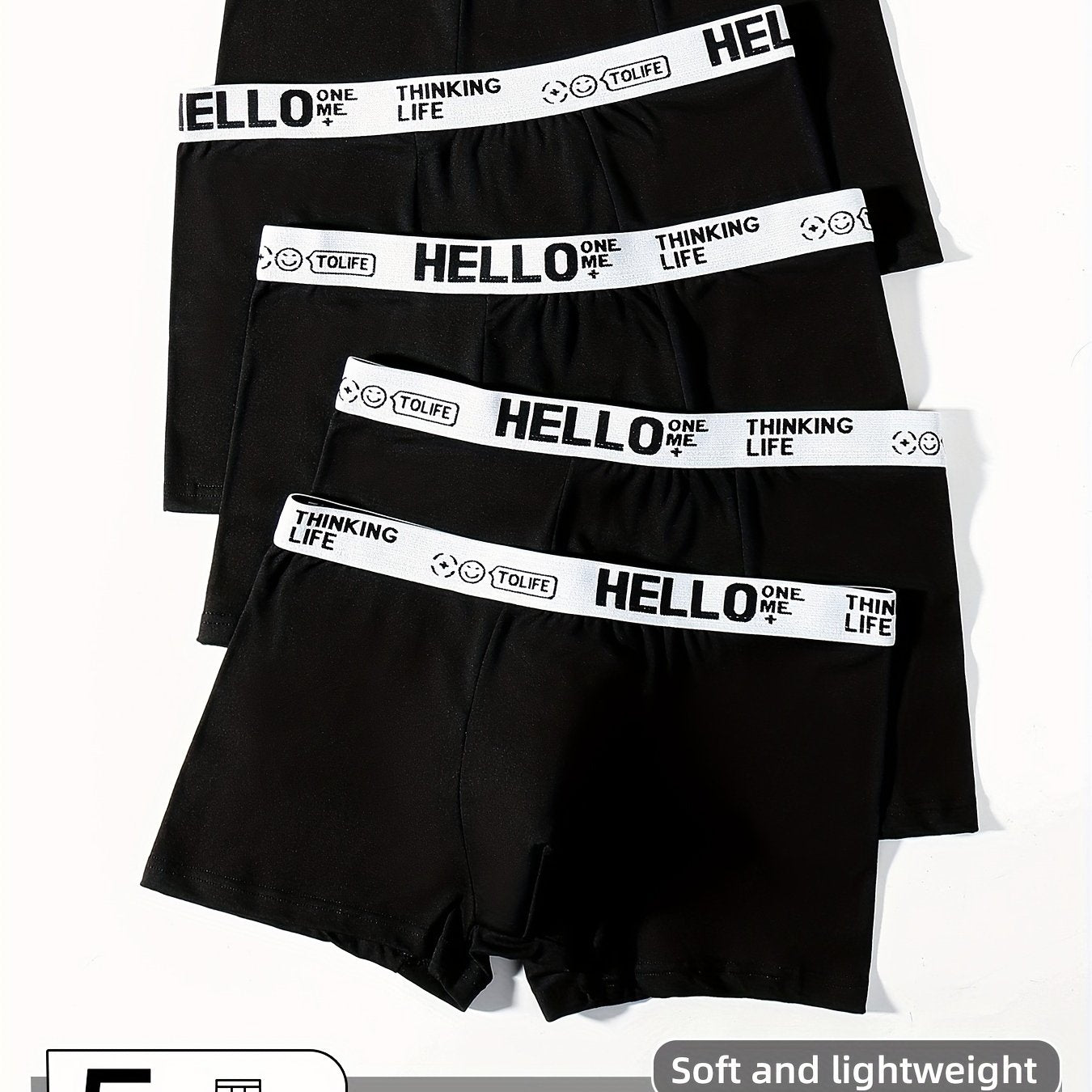 5 men's black boxer briefs made of soft, breathable, stretchy polyester blend for comfort fit.