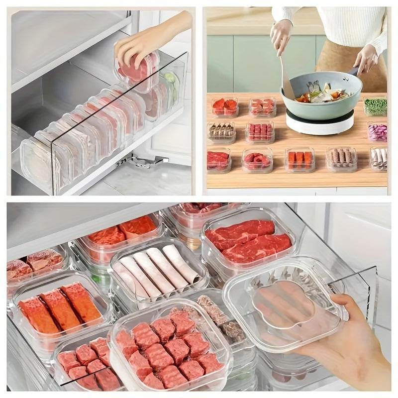 Refrigerator frozen meat box available in sets of 5 or 10 pieces. This storage box is made of food-grade material with a convenient grid design to prevent cross-flavoring of food items. It is perfect for storing ice cream and other frozen foods with