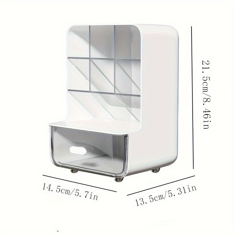 Large capacity plastic desk organizer with drawer for stationery and accessories. Can support pens, notes, and more.