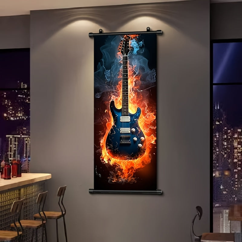 Single piece music-themed hanging scroll featuring a flame guitar, ideal for wall decor in bathrooms, bedrooms, and living rooms. Dimensions: 40.64cm x 99.06cm. Aesthetic addition to any room.