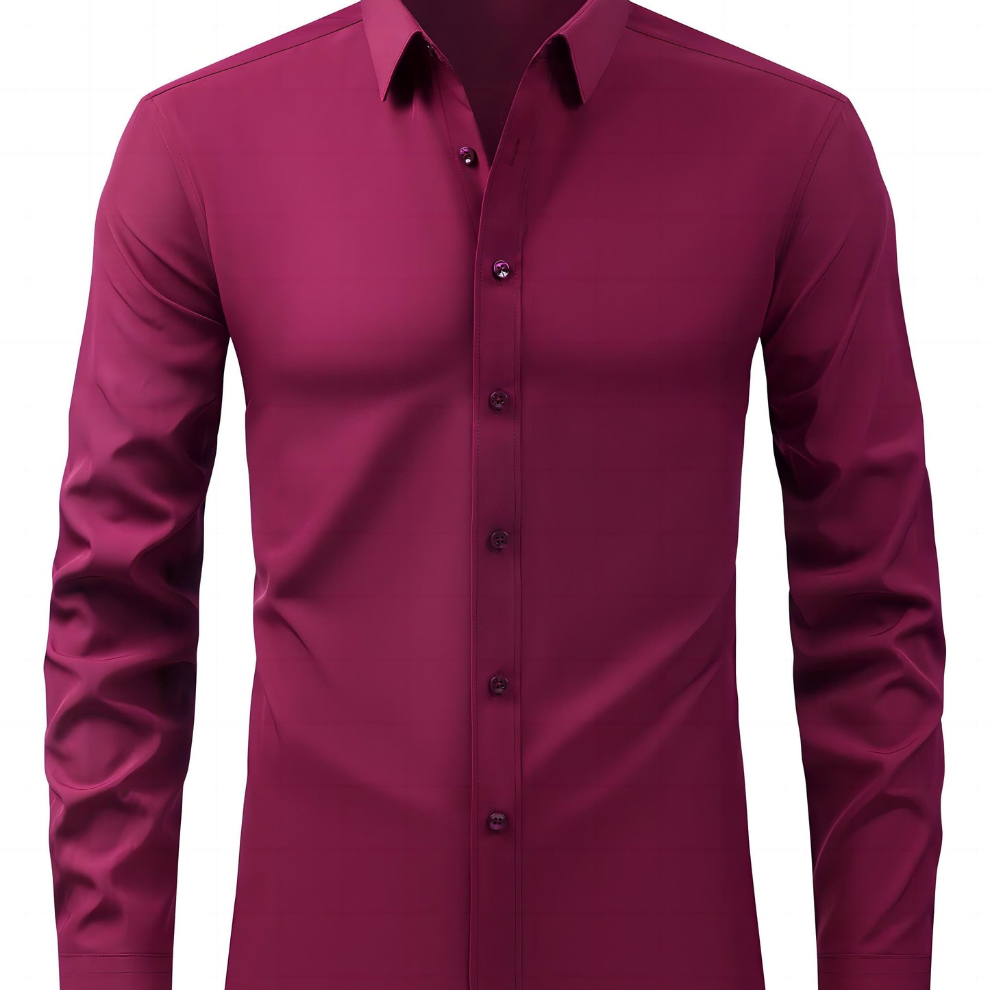 Men's solid black long sleeve shirt with lapel collar, made of 100% polyester with a slight stretch, 120gsm woven fabric, regular fit for all-season casual business wear, no chest pad