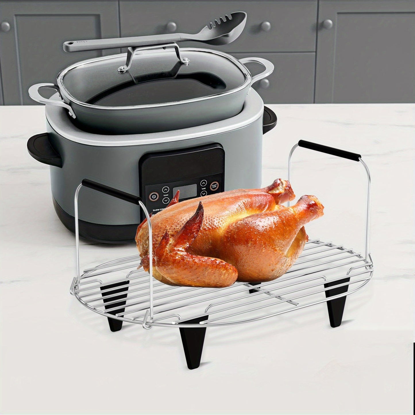 Jetcloud's Stainless Steel Steam and Roast Rack is designed for use with 8.5Qt Slow Cookers. It features a foldable handle, making it easy to store, and is reusable for steaming pot rack. This rack is safe for food contact and is compatible with MC1000