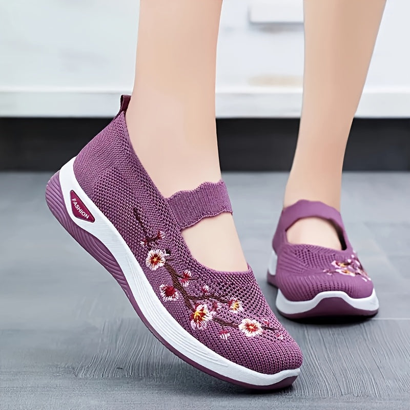 Women's Breathable Knit Sneakers with Floral Design, Non-Slip Sole, Lightweight, in Multiple Colors.